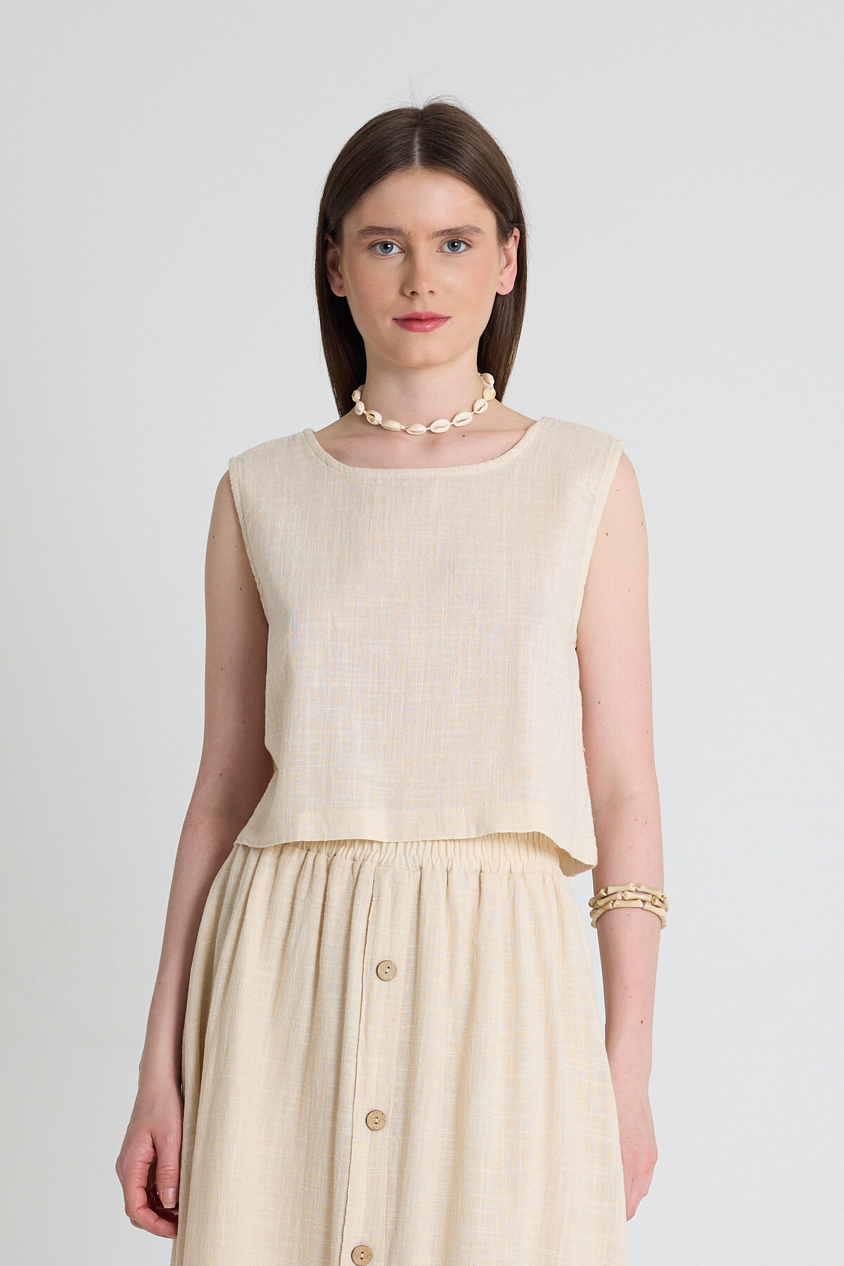 Natural Keten Görünümlü %100 Pamuk Kolsuz Crop Bluz 3419-1 - 1