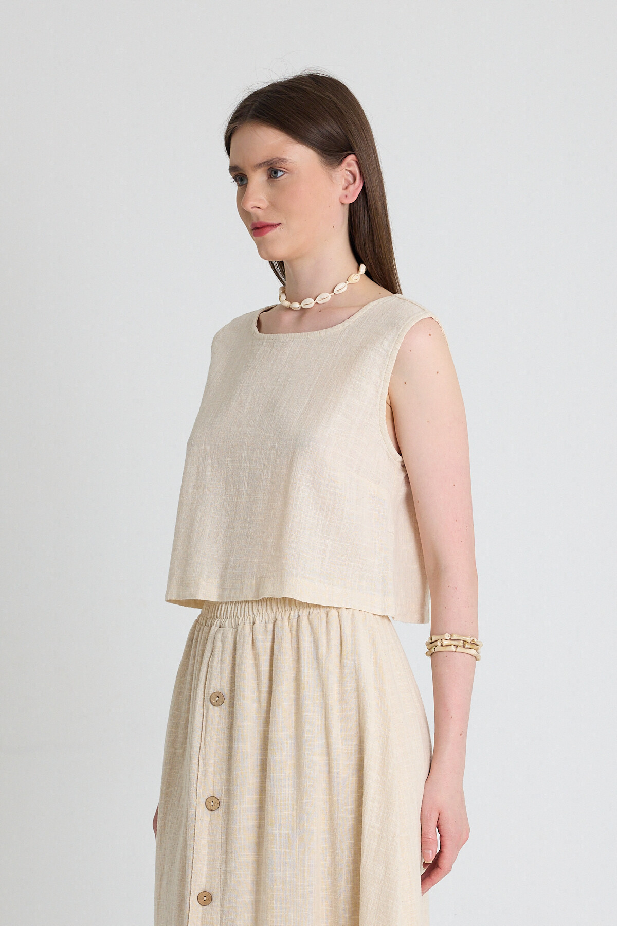 Natural Keten Görünümlü %100 Pamuk Kolsuz Crop Bluz 3419-1 - 6