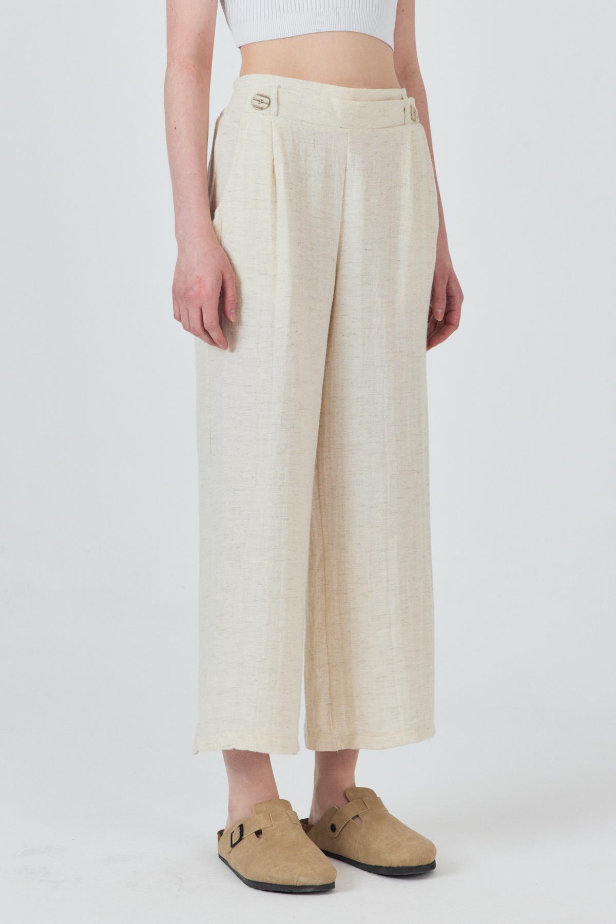 Natural Keten Görünümlü Düğme Detaylı Pantolon 4720A - 3
