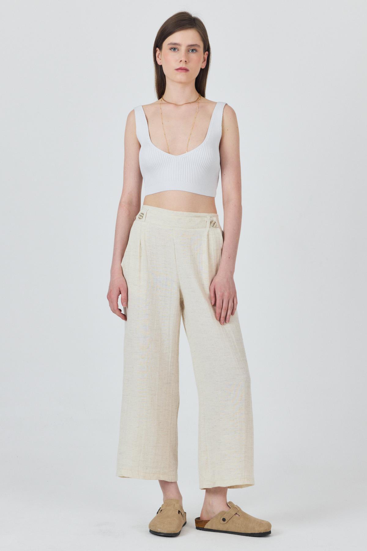 Natural Keten Görünümlü Düğme Detaylı Pantolon 4720A 