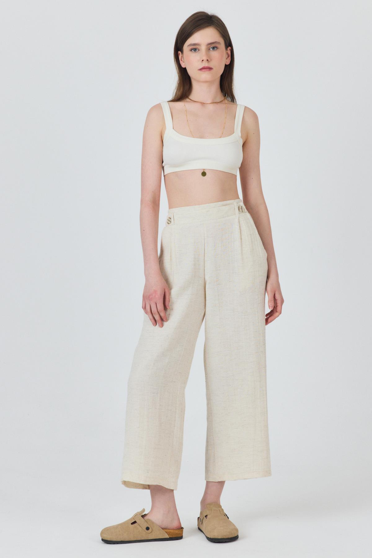Natural Keten Görünümlü Düğme Detaylı Pantolon 4720A - 6