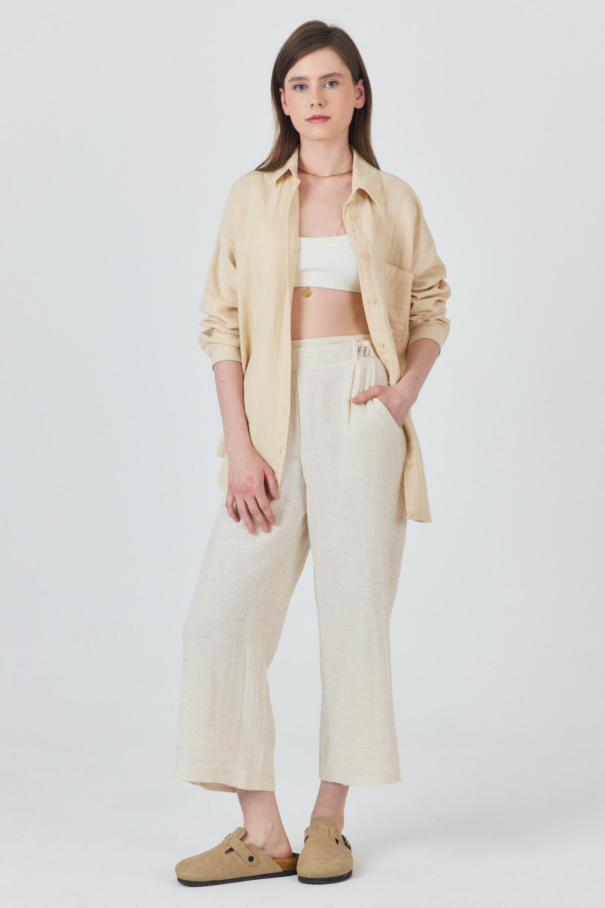 Natural Keten Görünümlü Düğme Detaylı Pantolon 4720A - 7
