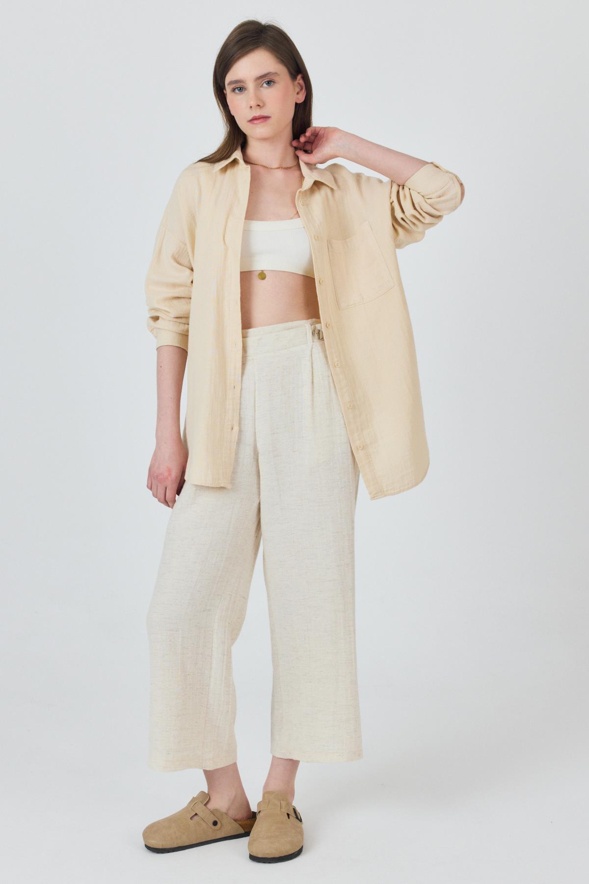 Natural Keten Görünümlü Düğme Detaylı Pantolon 4720A - 8