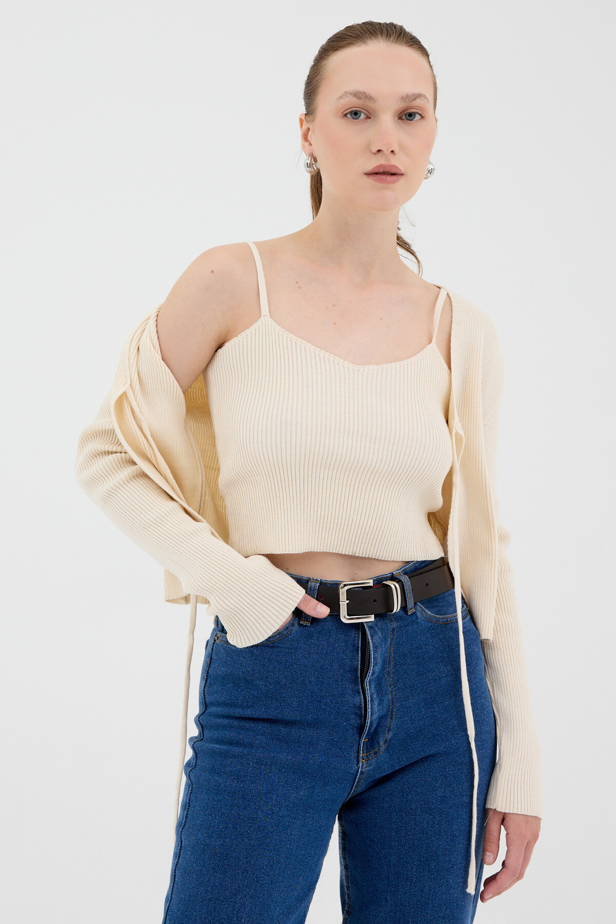 Natural Ön Bağlamalı Triko Hırka ve Askılı Bluz Takımı 7360 - RAYS