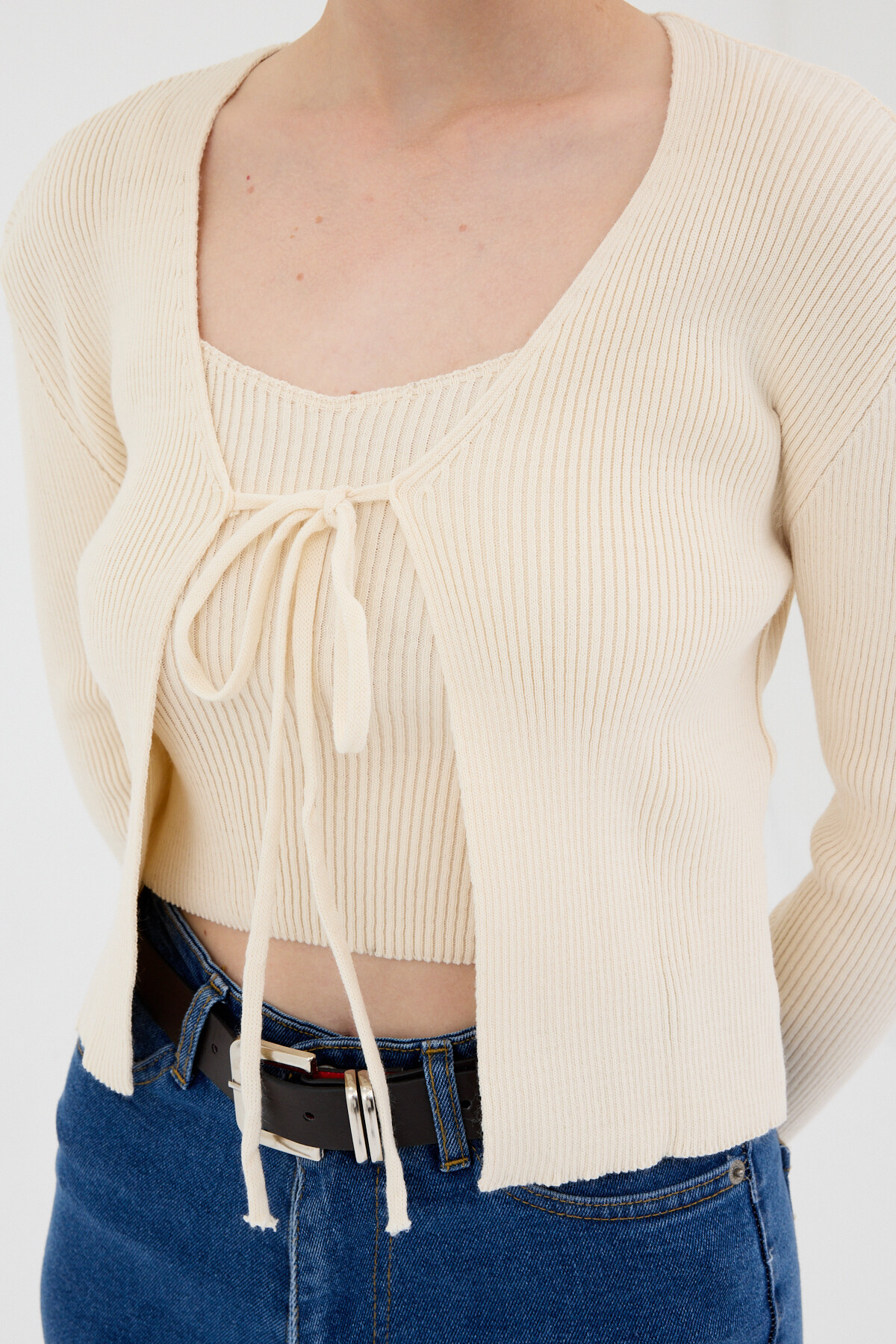 Natural Ön Bağlamalı Triko Hırka ve Askılı Bluz Takımı 7360 - RAYS