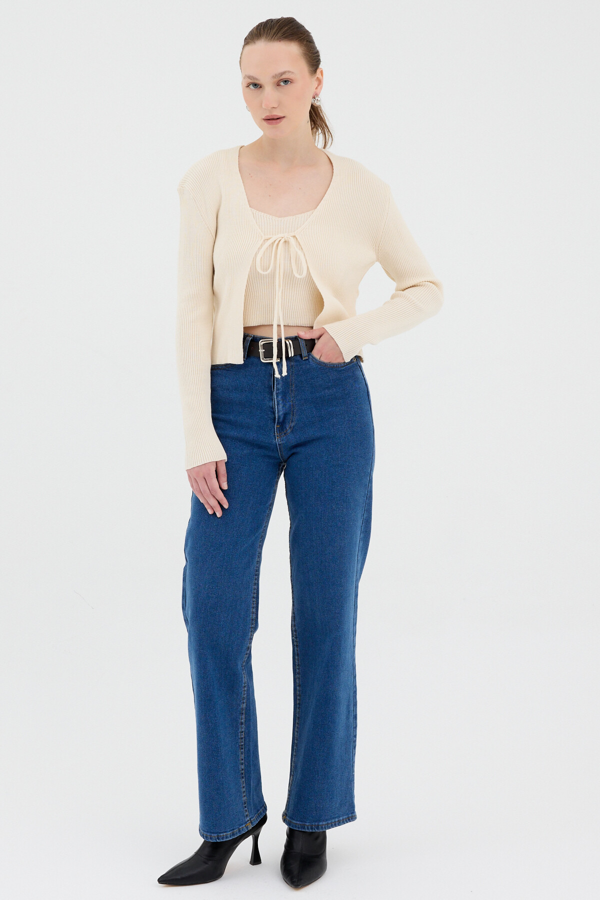 Natural Ön Bağlamalı Triko Hırka ve Askılı Bluz Takımı 7360 - 3