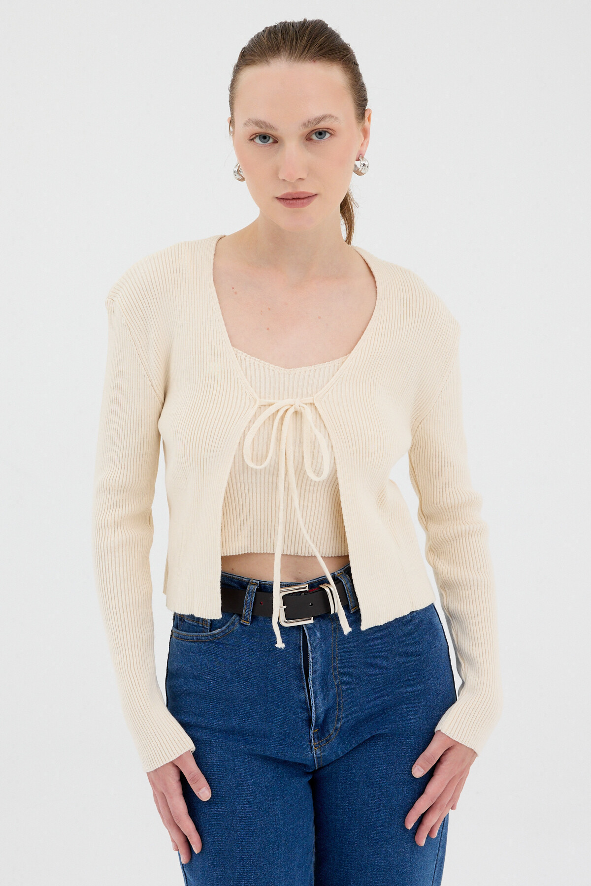 Natural Ön Bağlamalı Triko Hırka ve Askılı Bluz Takımı 7360 - 6