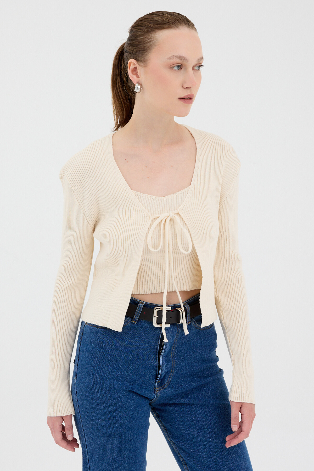 Natural Ön Bağlamalı Triko Hırka ve Askılı Bluz Takımı 7360 - 1