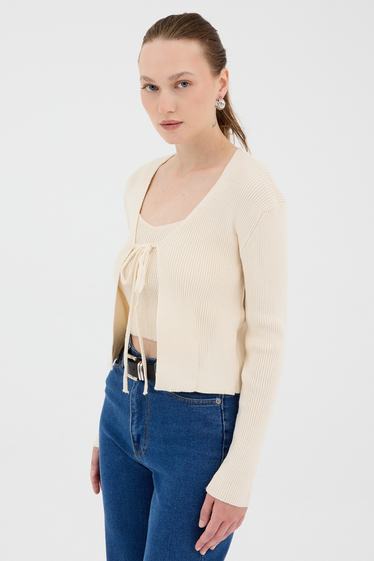 Natural Ön Bağlamalı Triko Hırka ve Askılı Bluz Takımı 7360 - 7