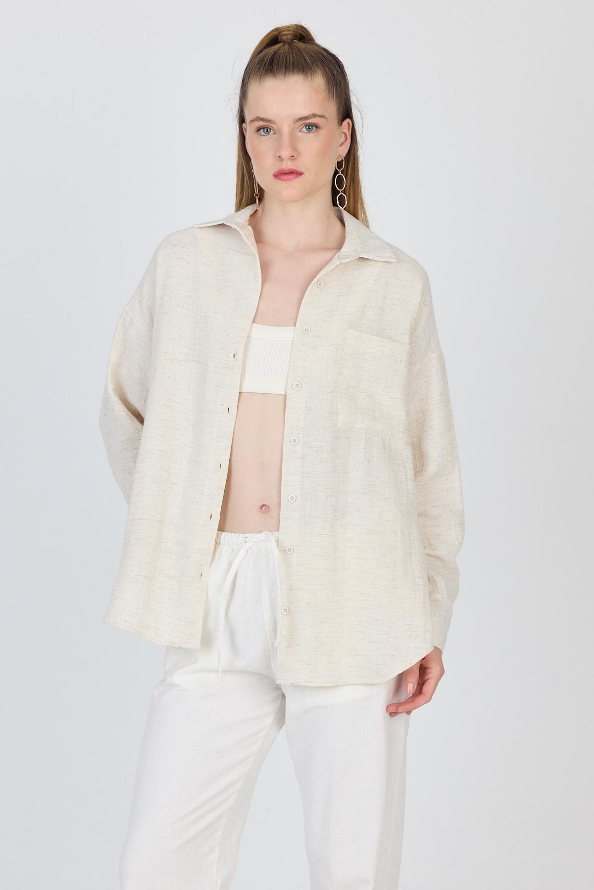 Natural Tek Cepli %100 Pamuk Oversize Gömlek 4706A - 3