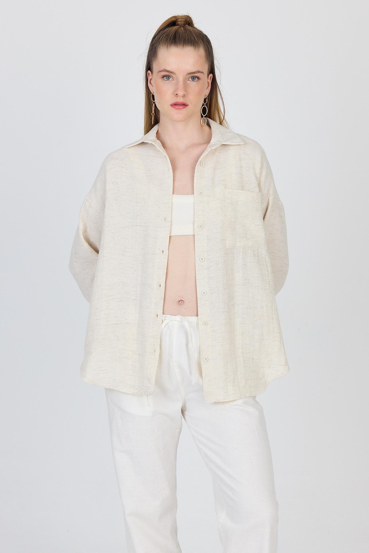 Natural Tek Cepli %100 Pamuk Oversize Gömlek 4706A - 6