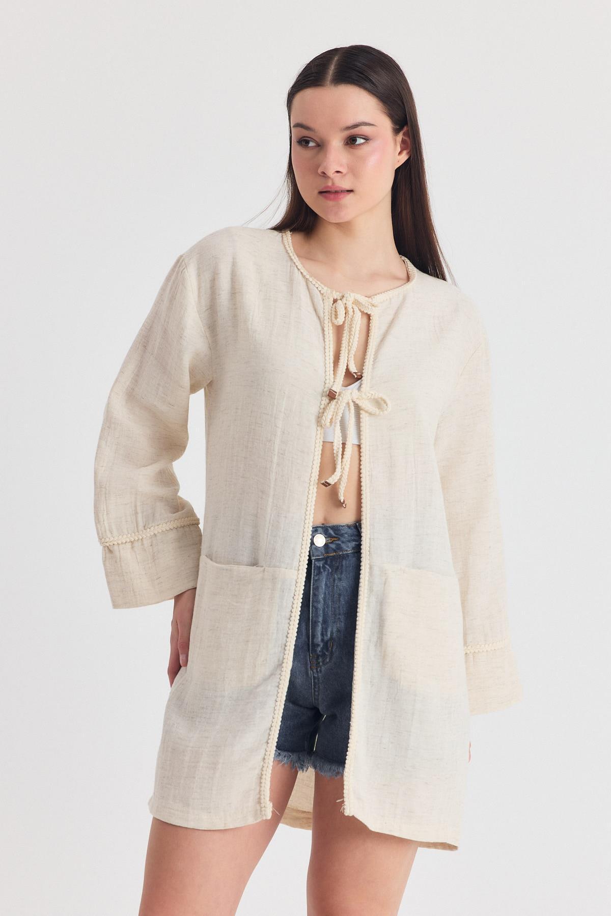Natural Yaka Örgü Trim Detaylı Bağcıklı Kimono 4411A - RAYS