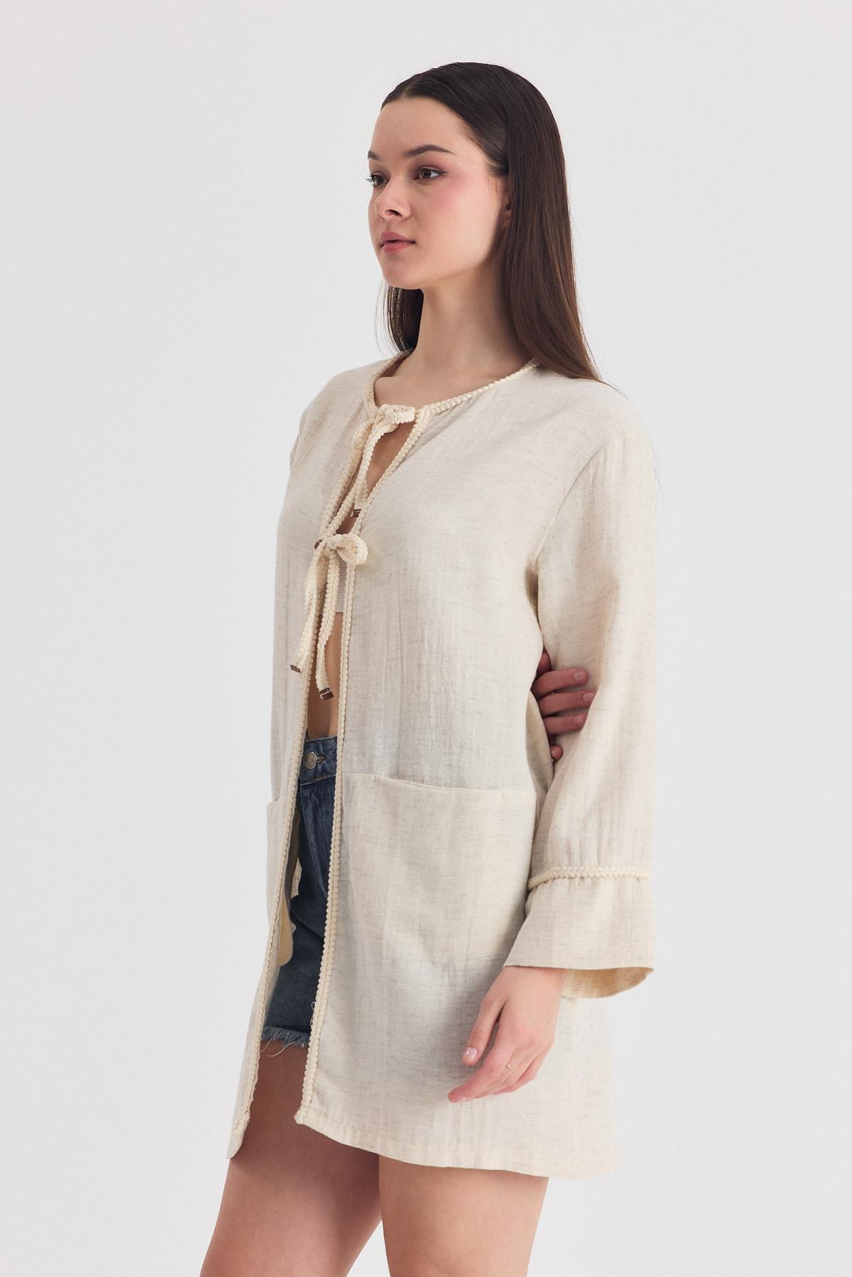Natural Yaka Örgü Trim Detaylı Bağcıklı Kimono 4411A - 8