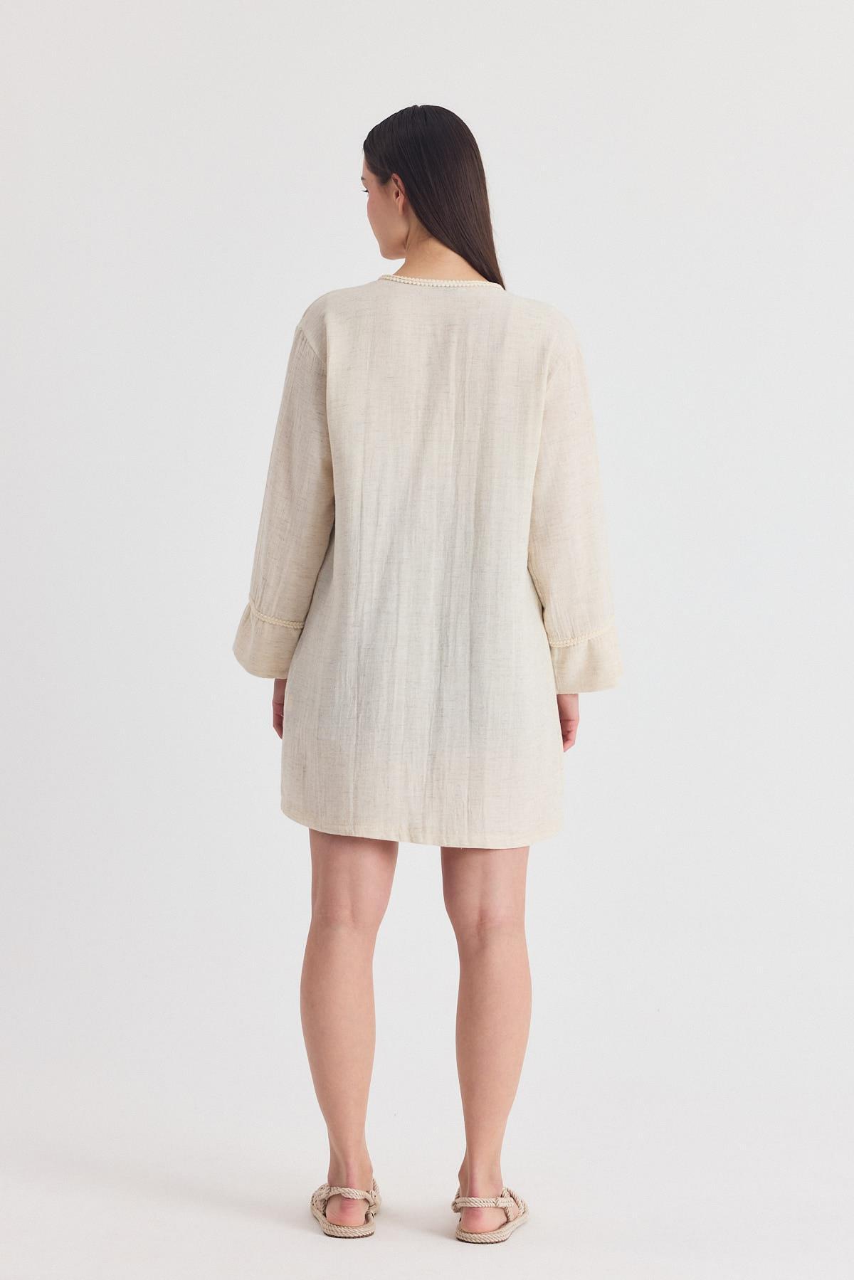 Natural Yaka Örgü Trim Detaylı Bağcıklı Kimono 4411A - 5