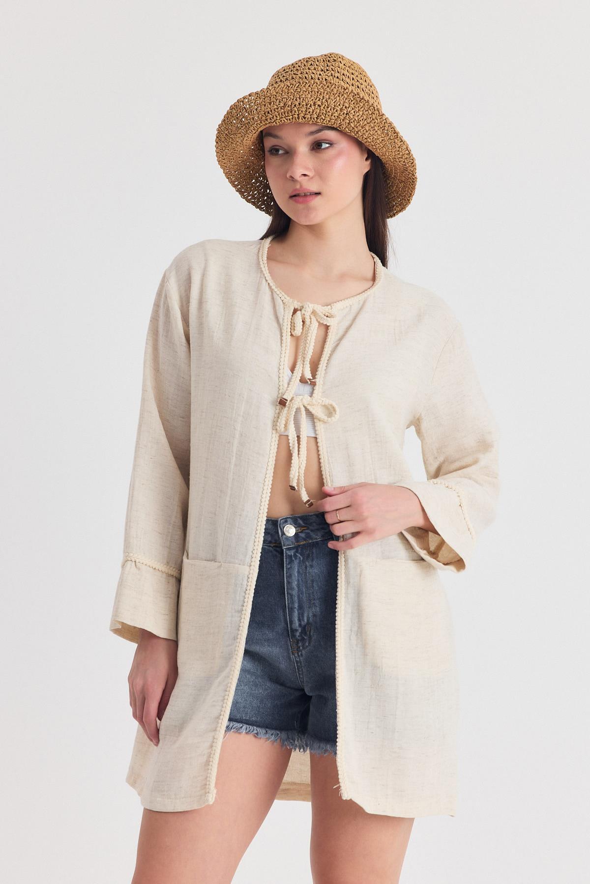 Natural Yaka Örgü Trim Detaylı Bağcıklı Kimono 4411A - 6