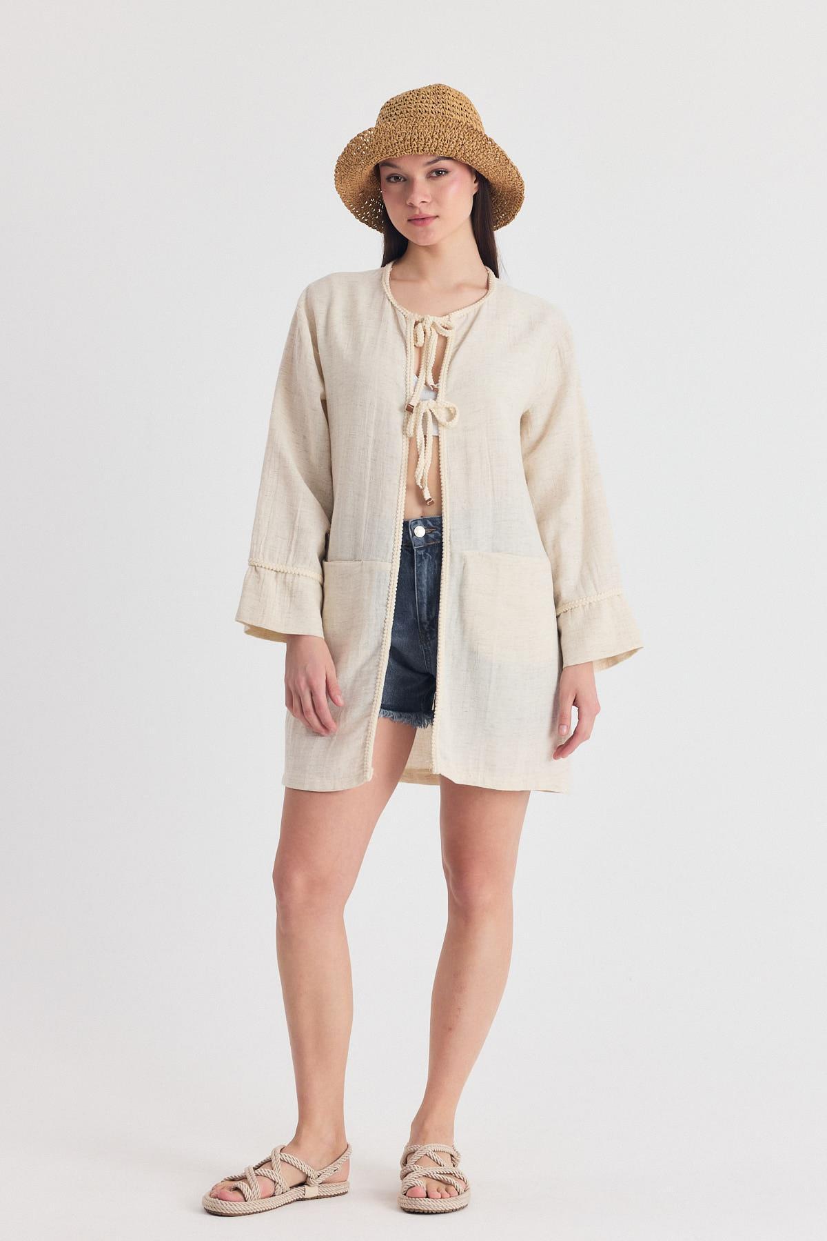 Natural Yaka Örgü Trim Detaylı Bağcıklı Kimono 4411A - 1