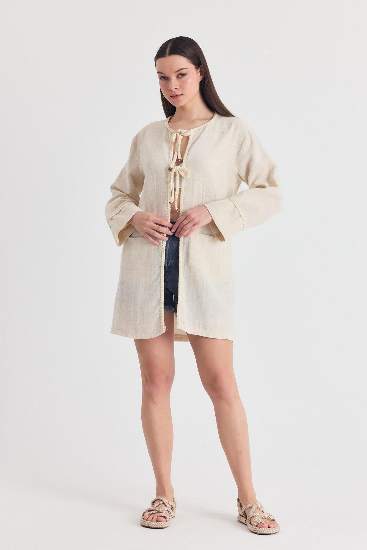 Natural Yaka Örgü Trim Detaylı Bağcıklı Kimono 4411A - 7