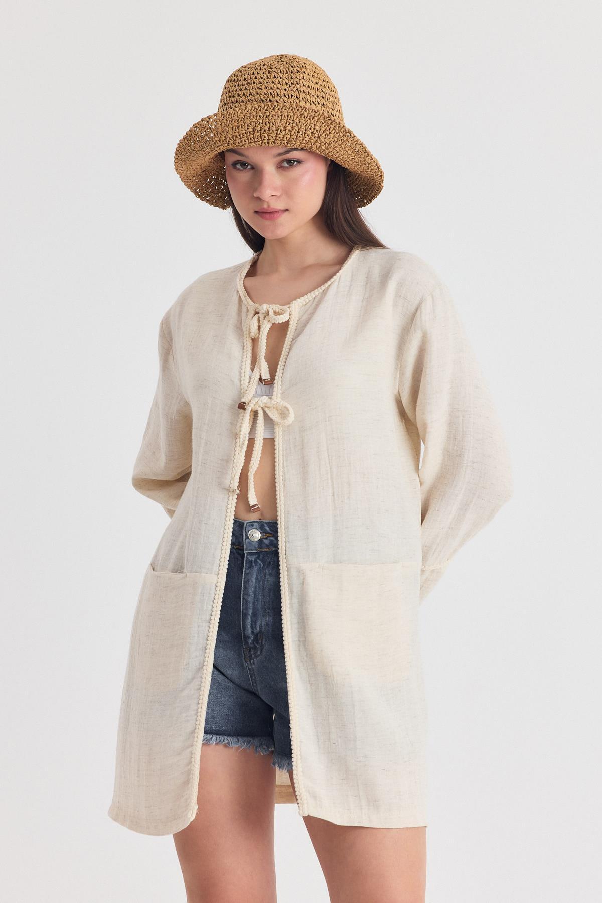 Natural Yaka Örgü Trim Detaylı Bağcıklı Kimono 4411A - RAYS