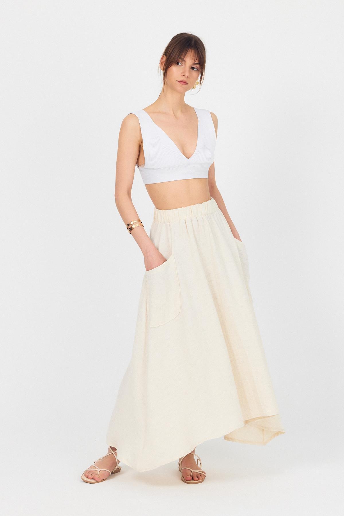 Natural Yandan Cepli Müslin Keten A Kesim Etek 4713A 