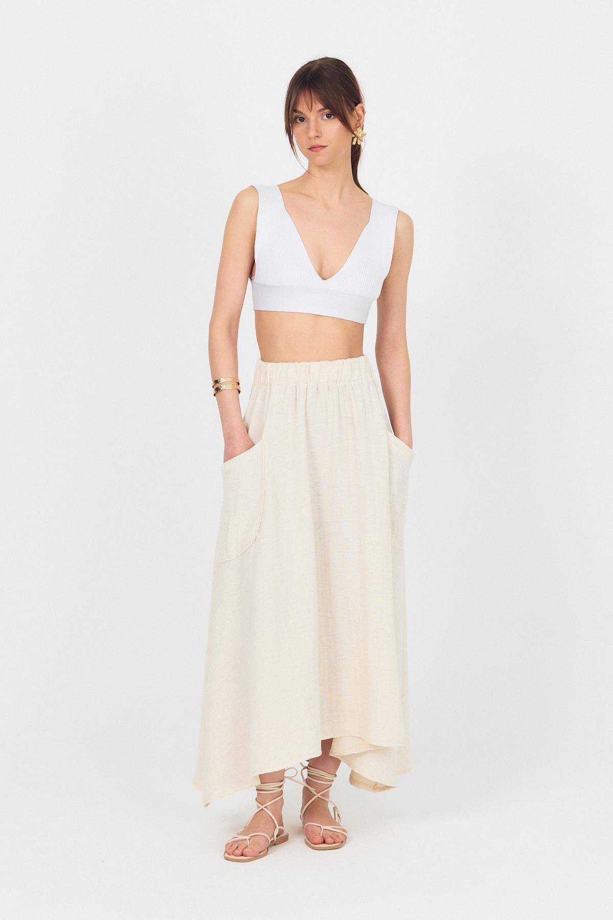 Natural Yandan Cepli Müslin Keten A Kesim Etek 4713A - 7