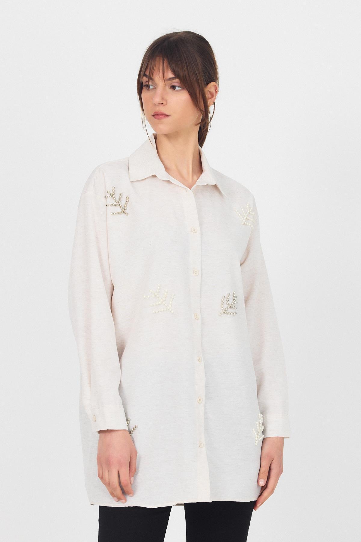 Natural Yaprak Desenli İncili Gömlek 4660A - 7