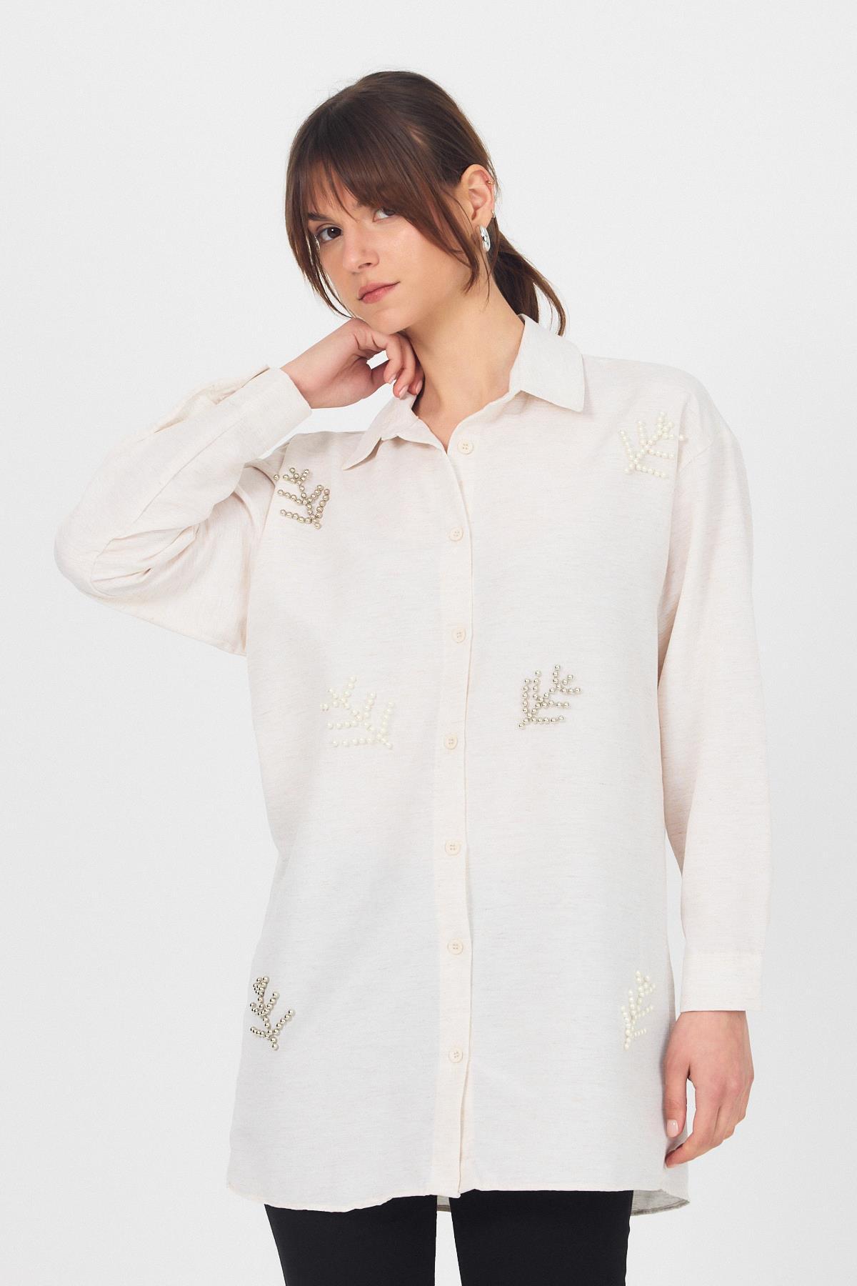 Natural Yaprak Desenli İncili Gömlek 4660A - 8