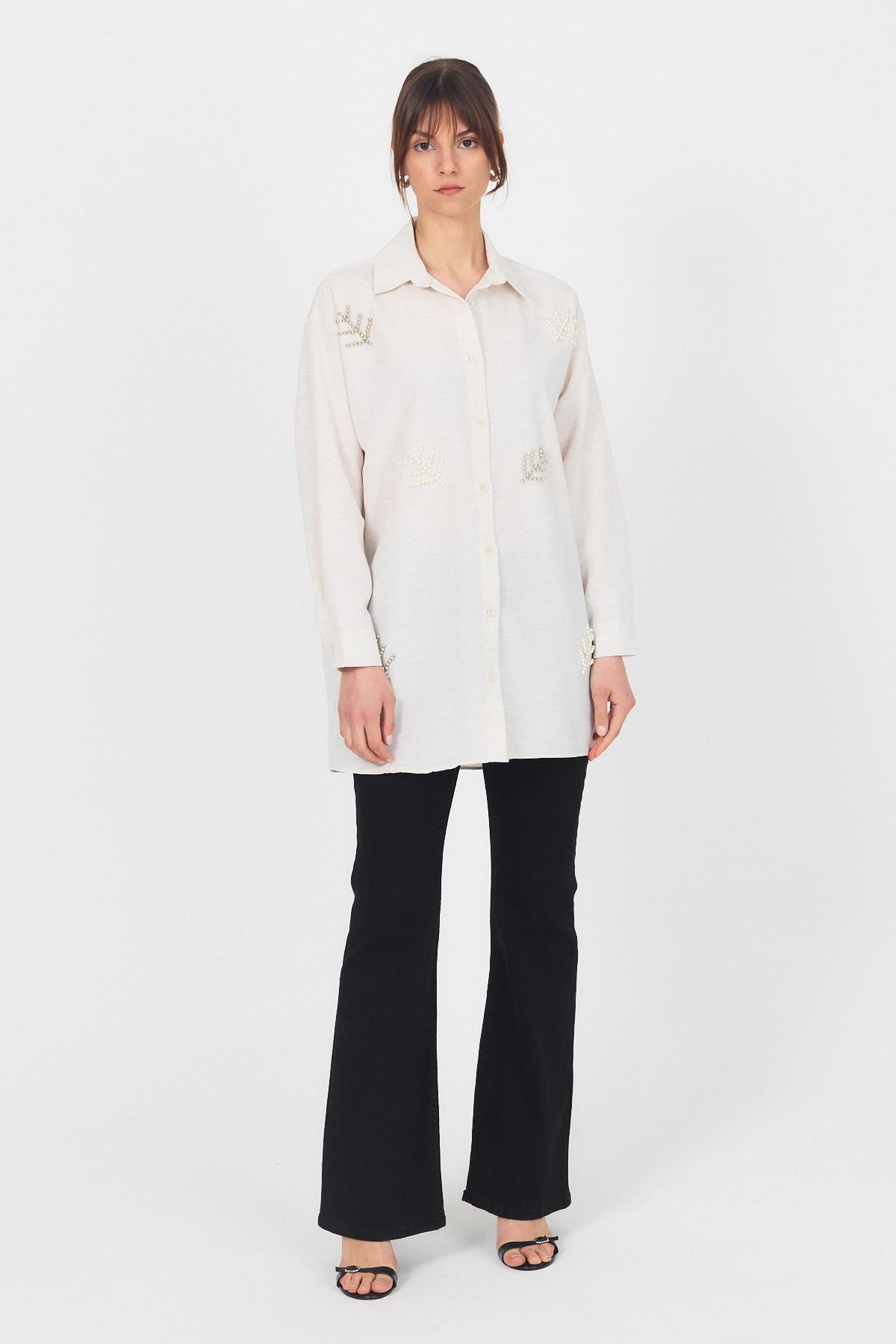 Natural Yaprak Desenli İncili Gömlek 4660A - 2