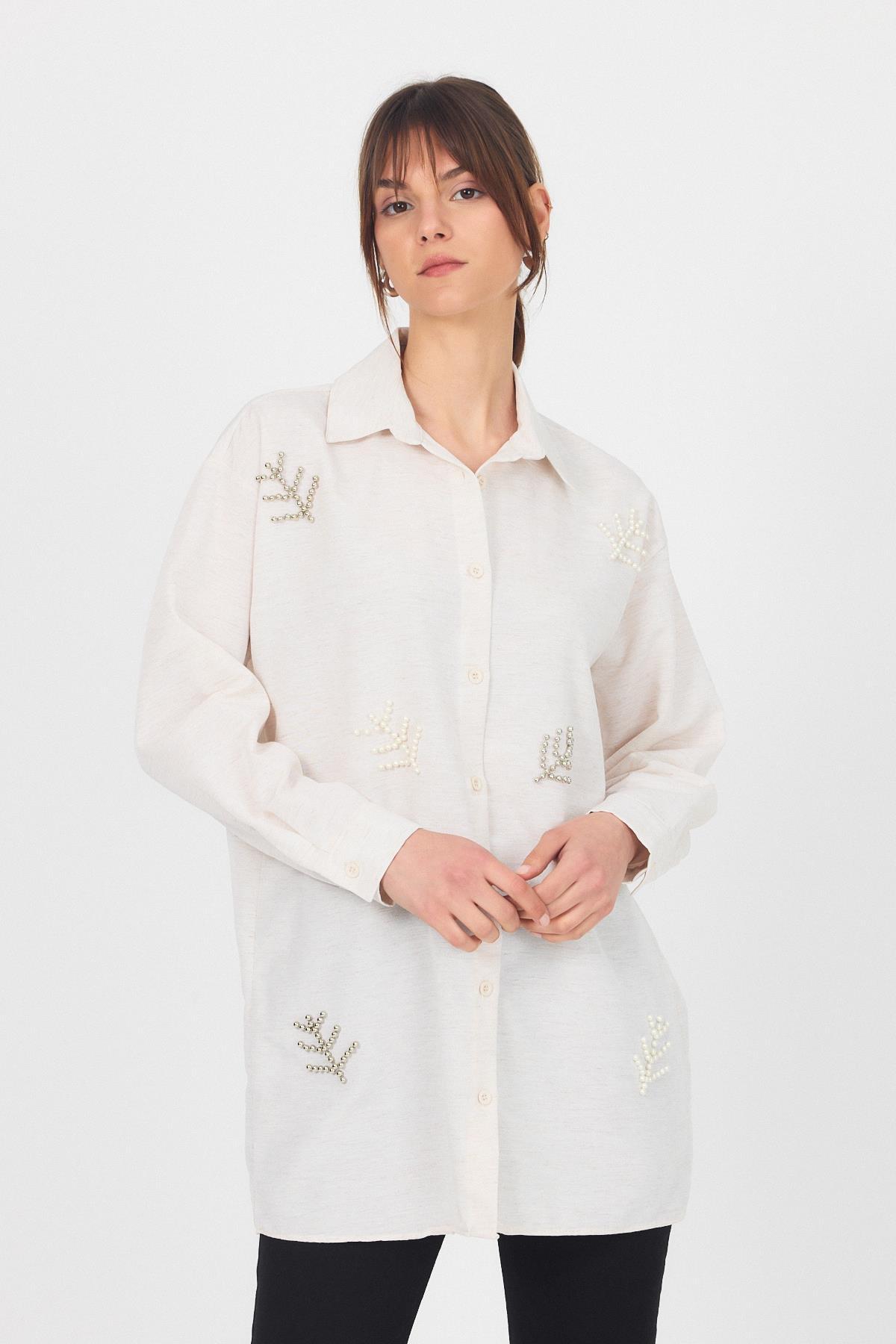 Natural Yaprak Desenli İncili Gömlek 4660A - 1