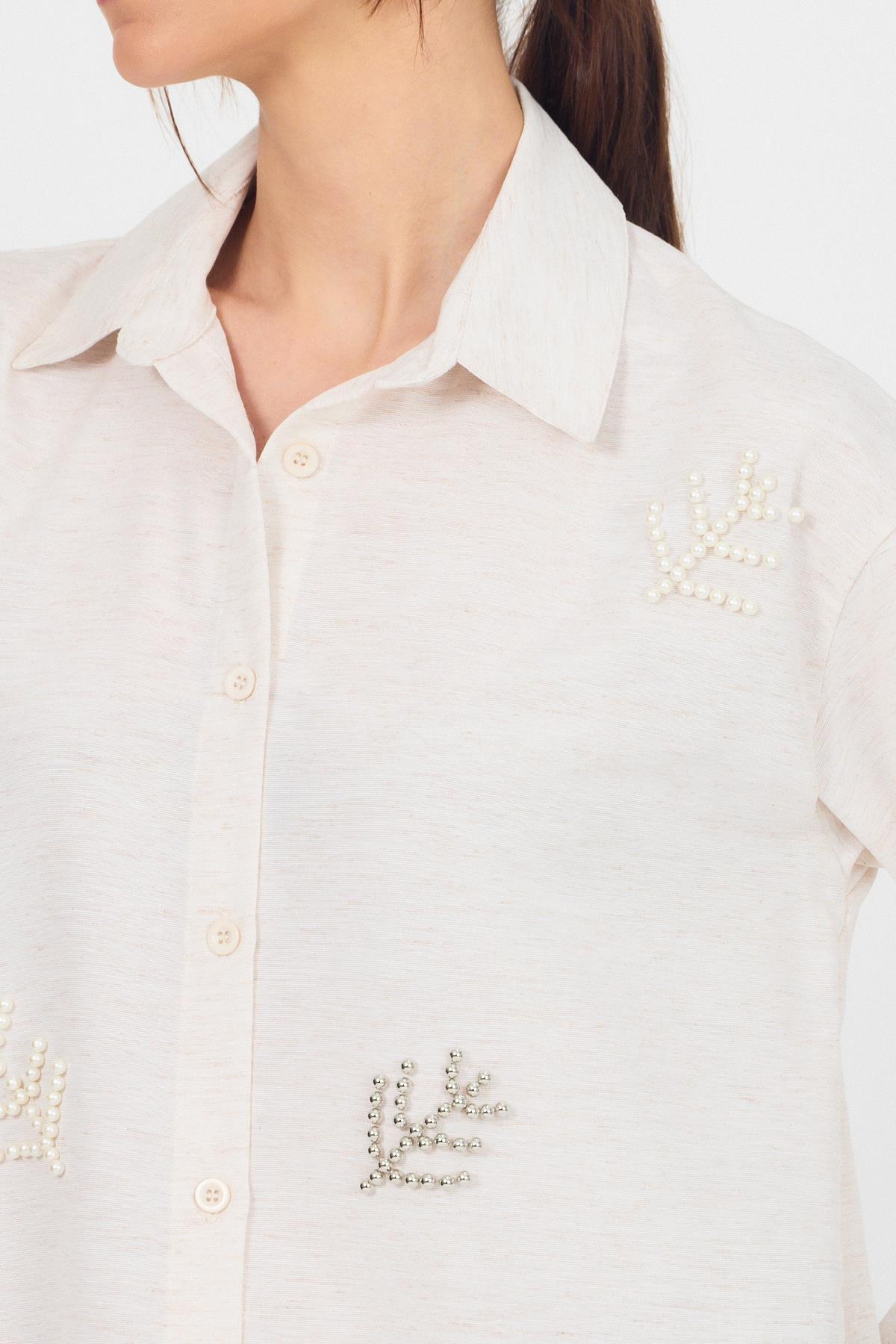 Natural Yaprak Desenli İncili Gömlek 4660A - 4