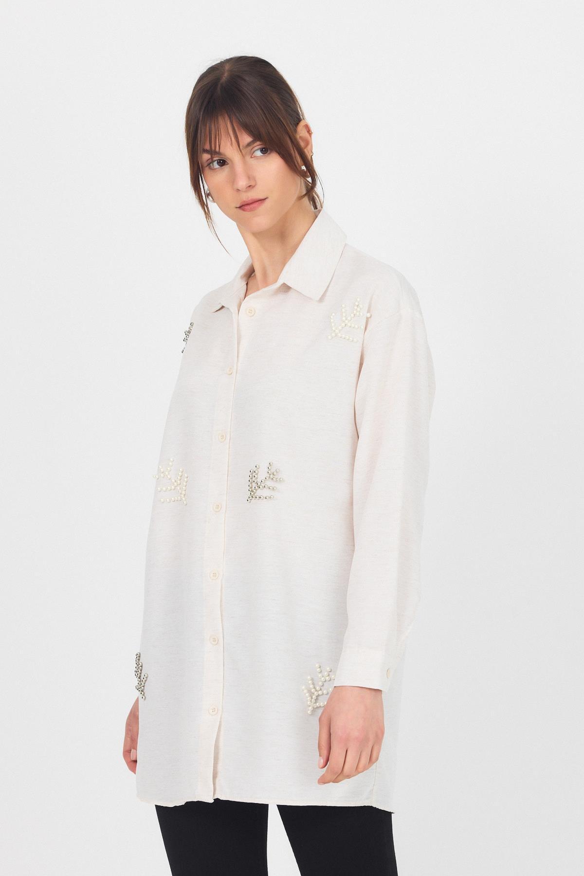 Natural Yaprak Desenli İncili Gömlek 4660A - 6