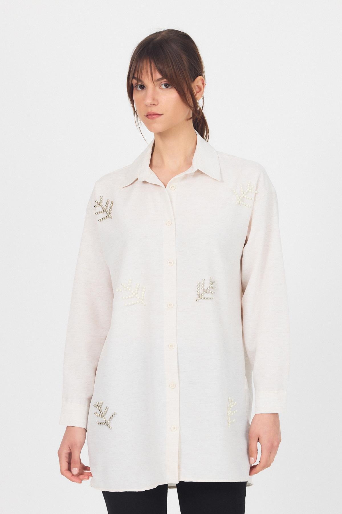 Natural Yaprak Desenli İncili Gömlek 4660A - 3