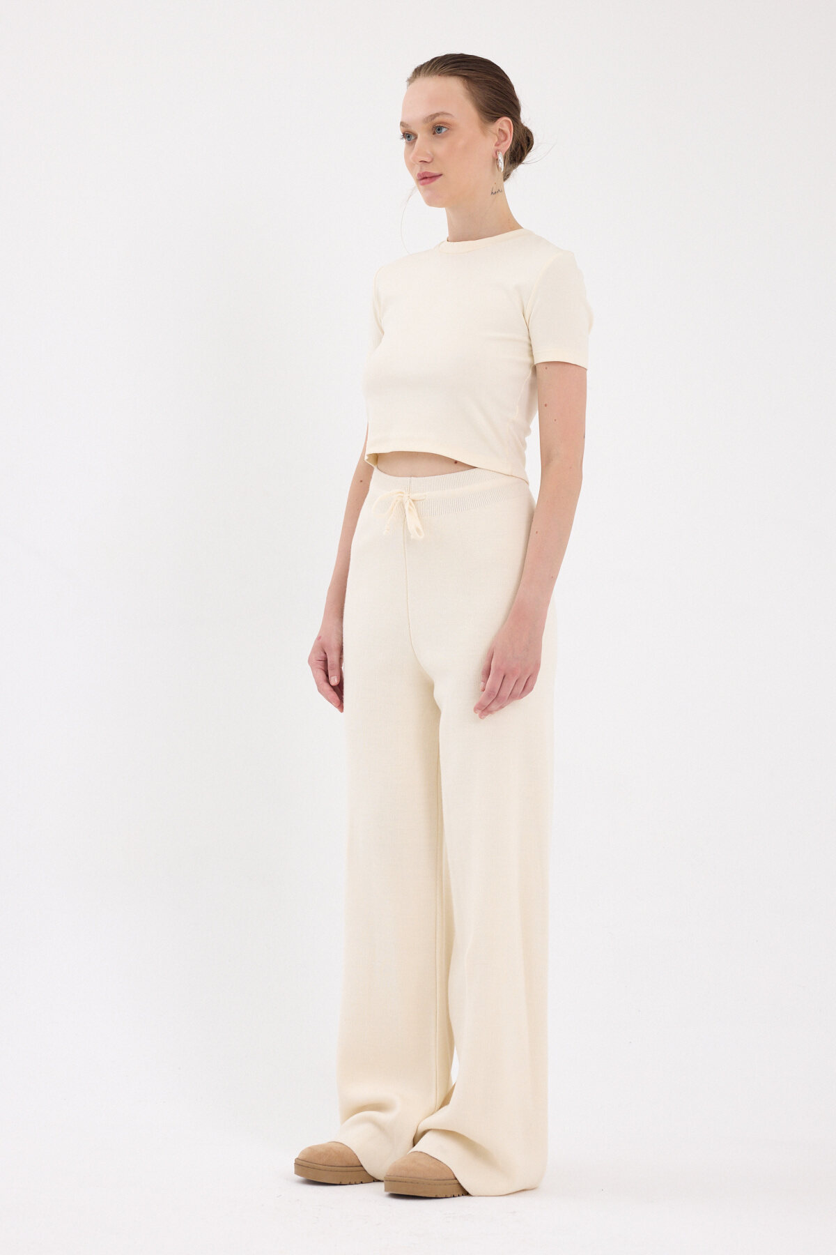 Natural Yüksek Bel Triko Palazzo Kadın Pantolon 2251 - 6