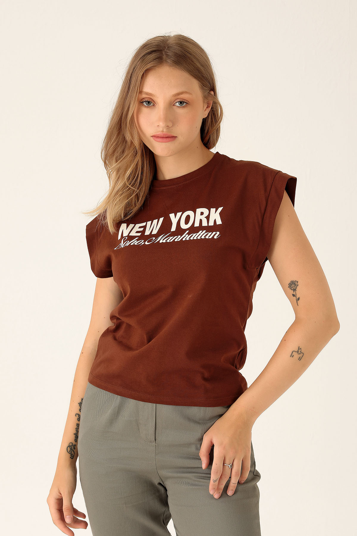 New York Tişört - 9457 Acı Kahve - 1