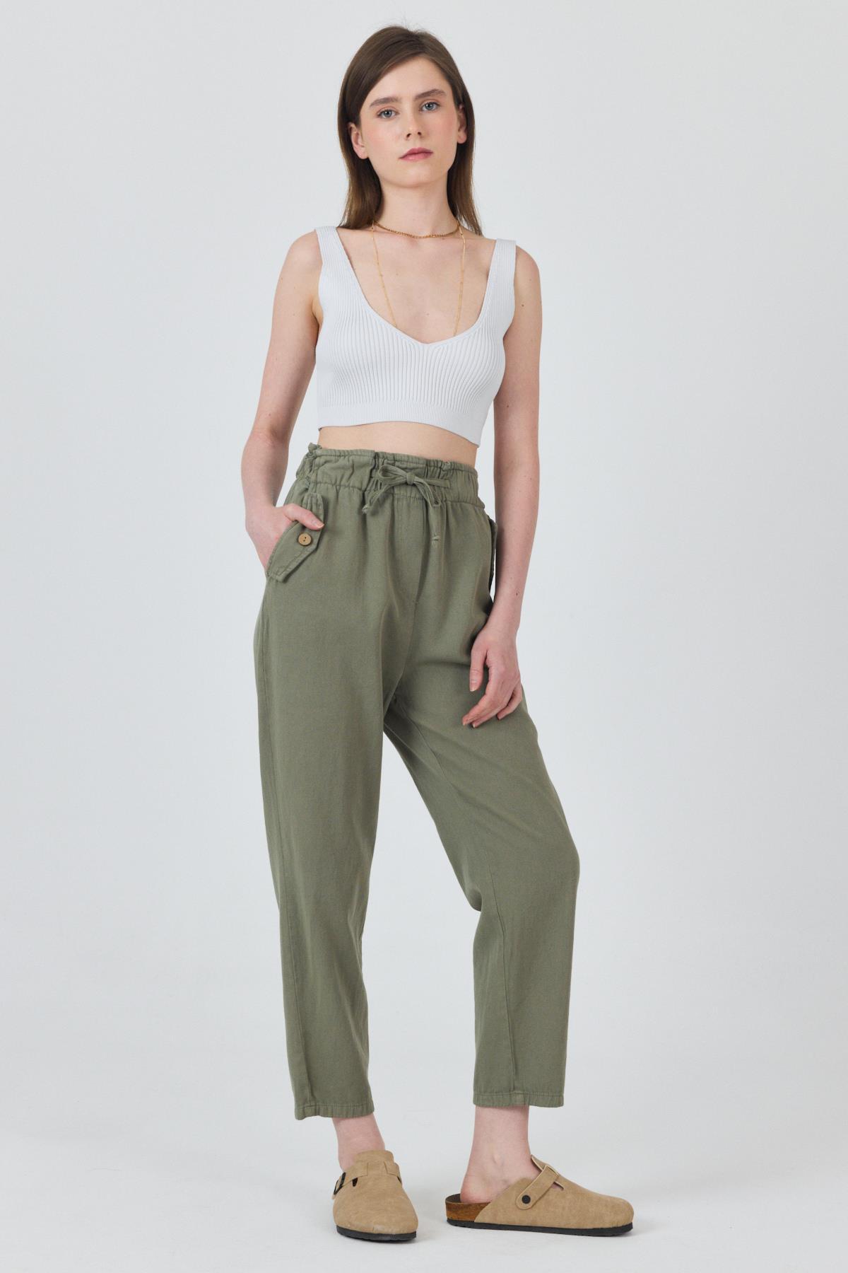 Olive Yeşili Cep Düğme Detaylı Bel Lastikli Pantolon 006 - RAYS