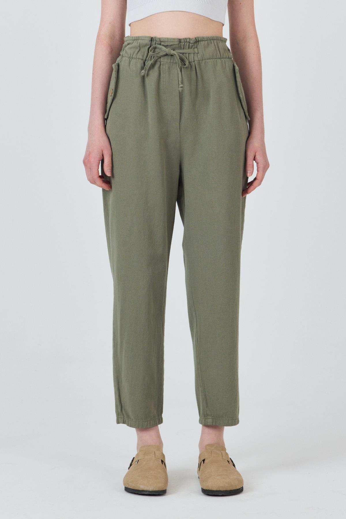 Olive Yeşili Cep Düğme Detaylı Bel Lastikli Pantolon 006 - RAYS