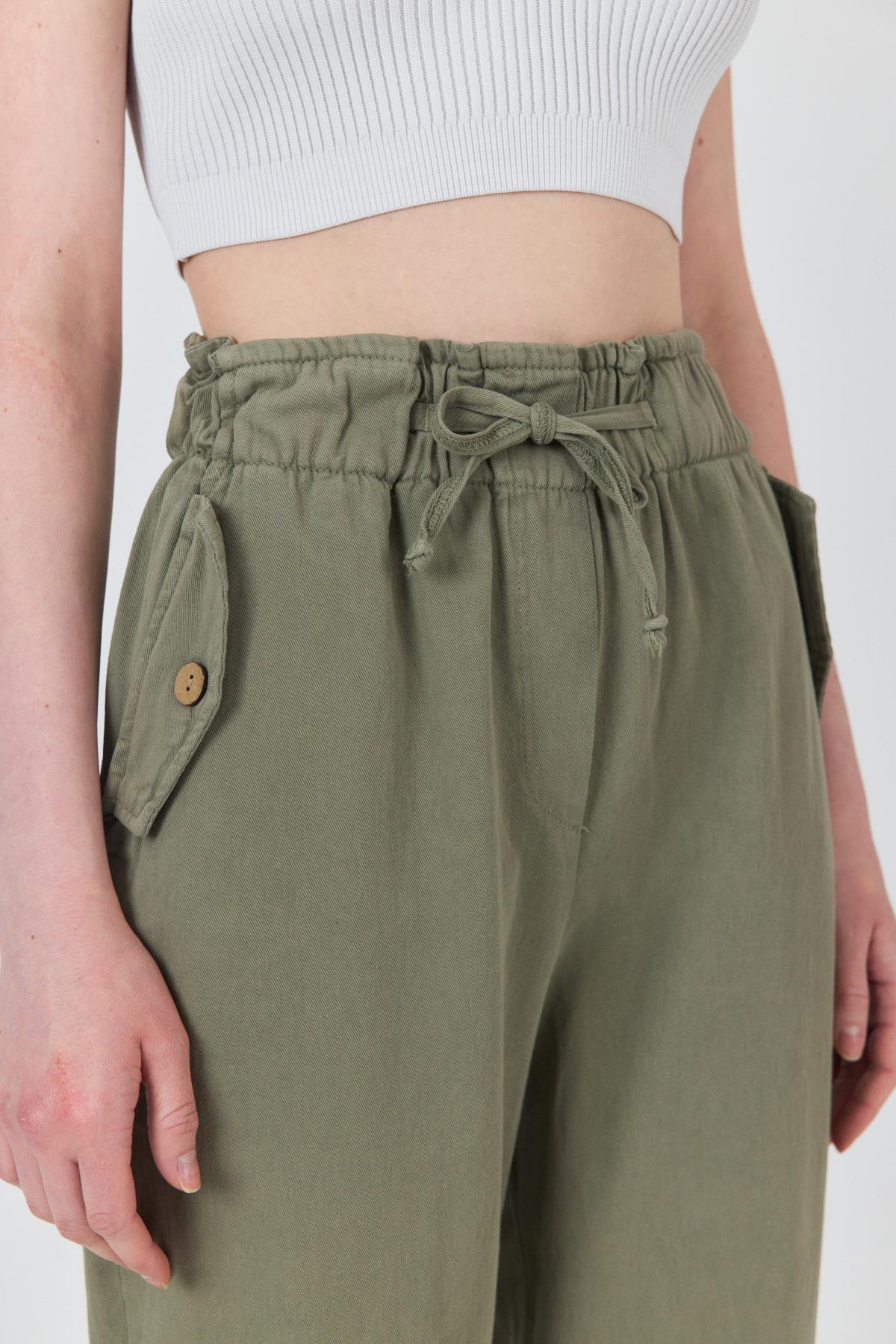 Olive Yeşili Cep Düğme Detaylı Bel Lastikli Pantolon 006 - RAYS