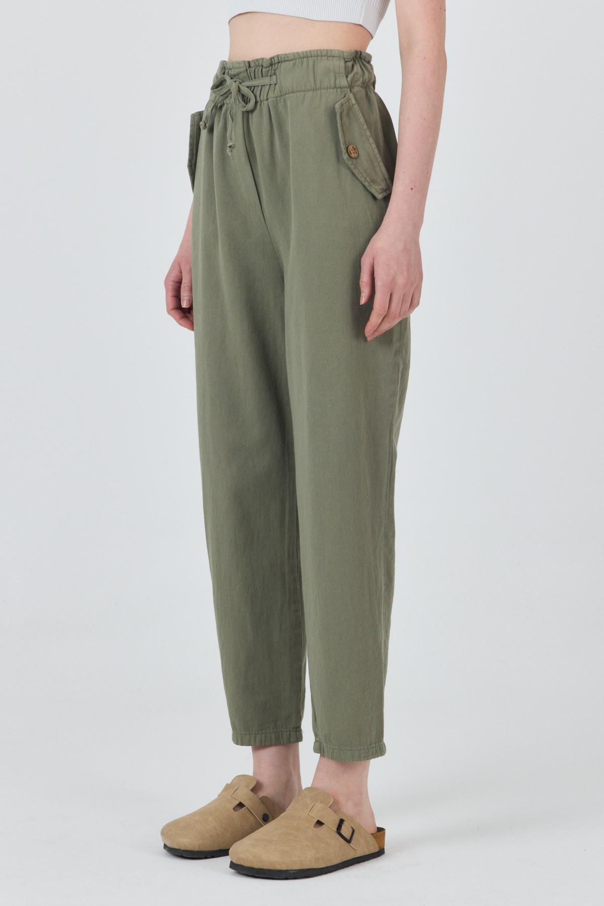 Olive Yeşili Cep Düğme Detaylı Bel Lastikli Pantolon 006 - 6