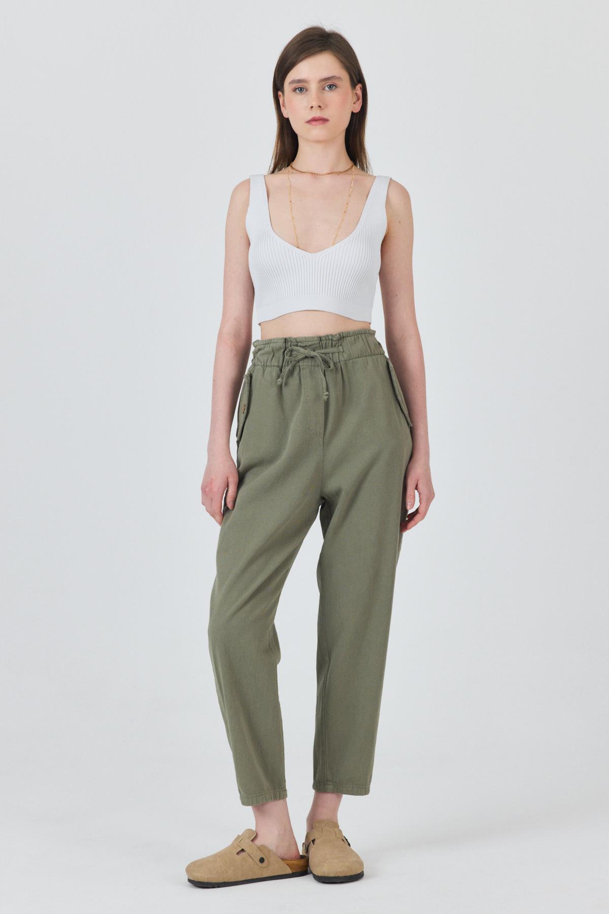 Olive Yeşili Cep Düğme Detaylı Bel Lastikli Pantolon 006 
