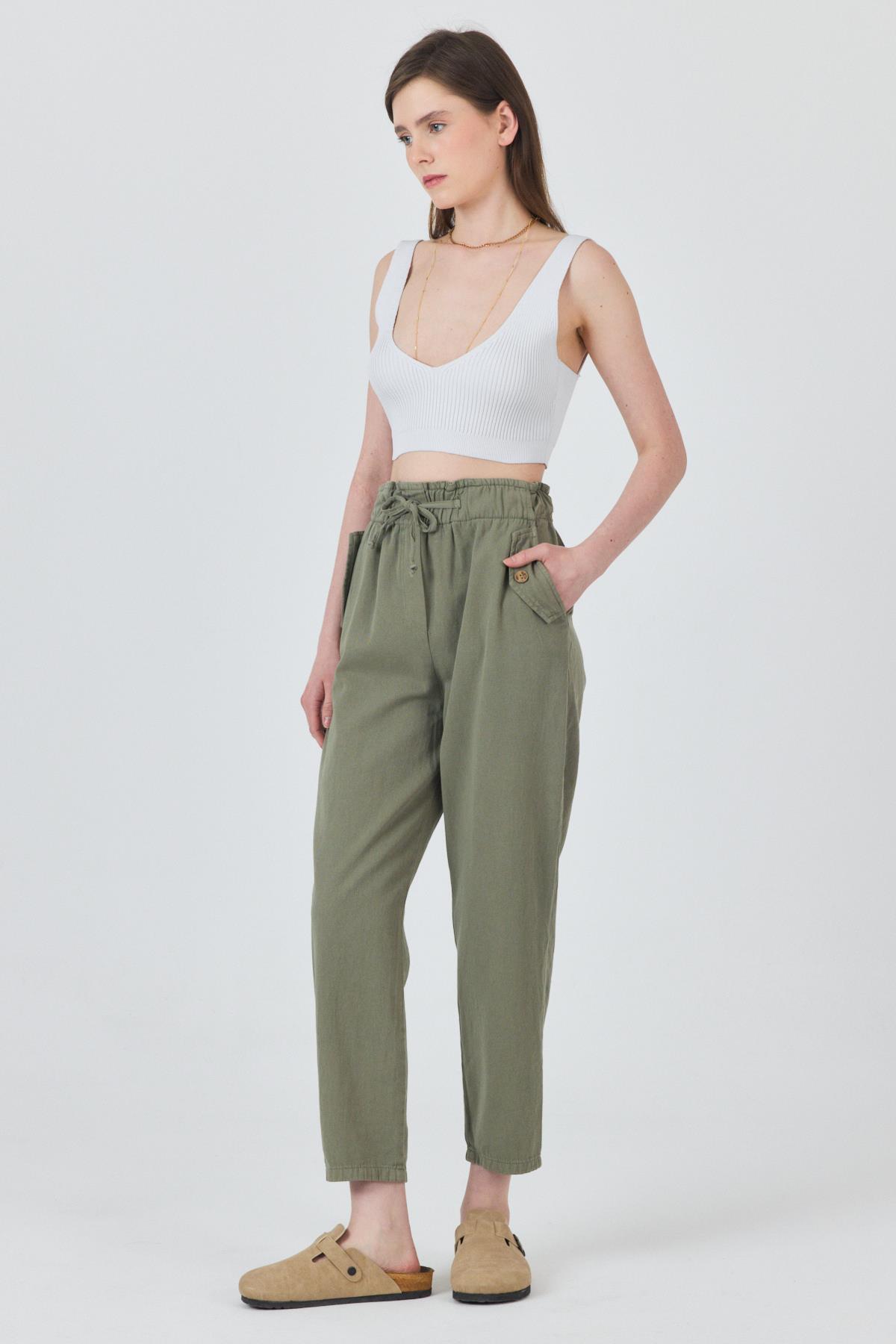 Olive Yeşili Cep Düğme Detaylı Bel Lastikli Pantolon 006 - 7