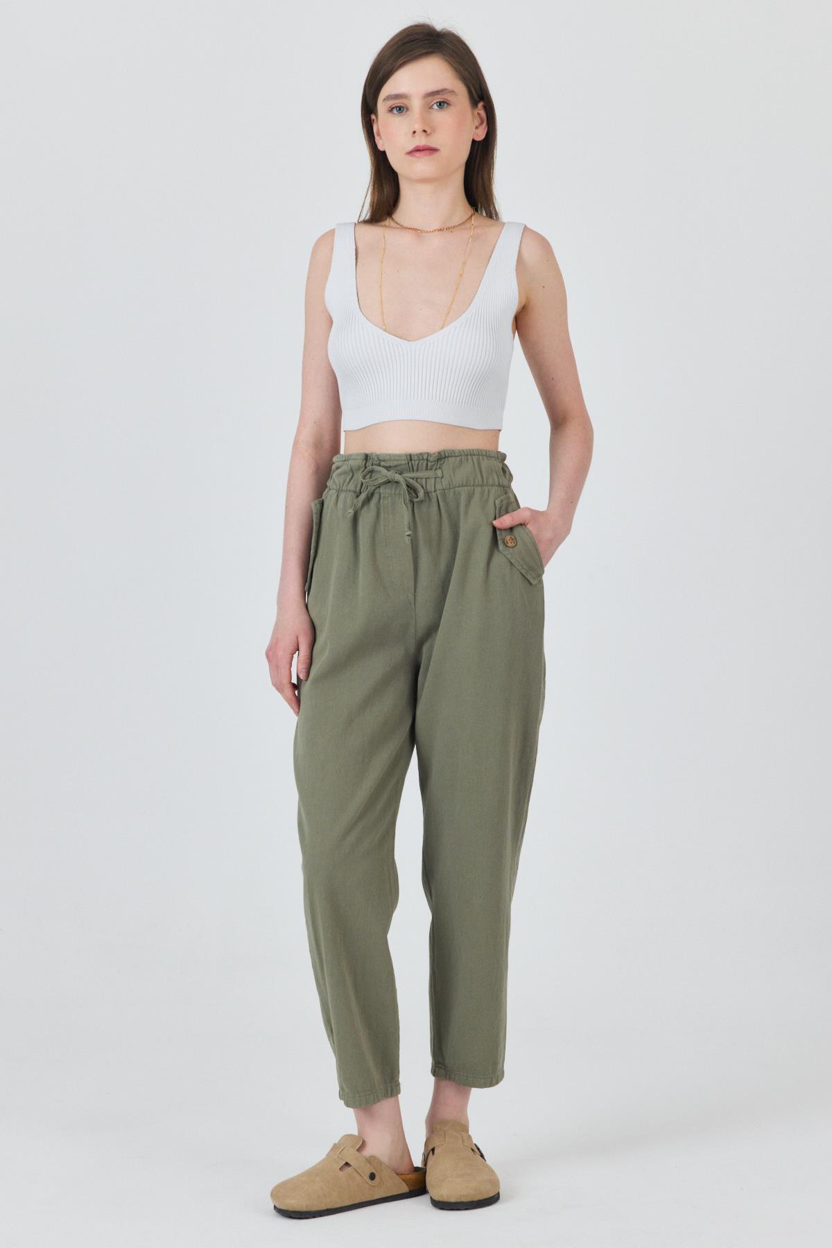Olive Yeşili Cep Düğme Detaylı Bel Lastikli Pantolon 006 - 8