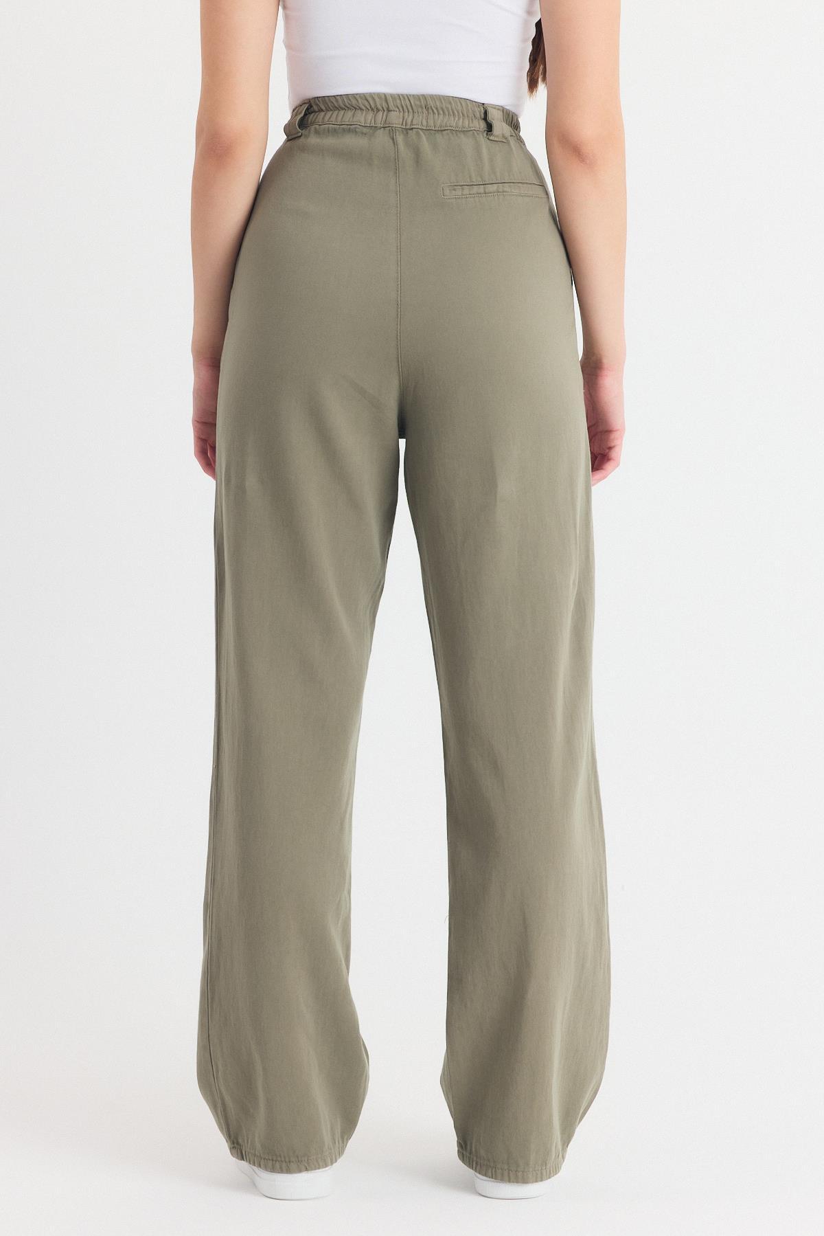 Olive Yeşili Cepli Pileli Geniş Paça Pantolon 7021 - 5