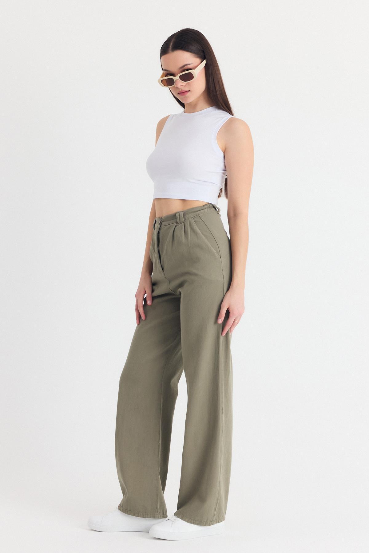 Olive Yeşili Cepli Pileli Geniş Paça Pantolon 7021 - 6