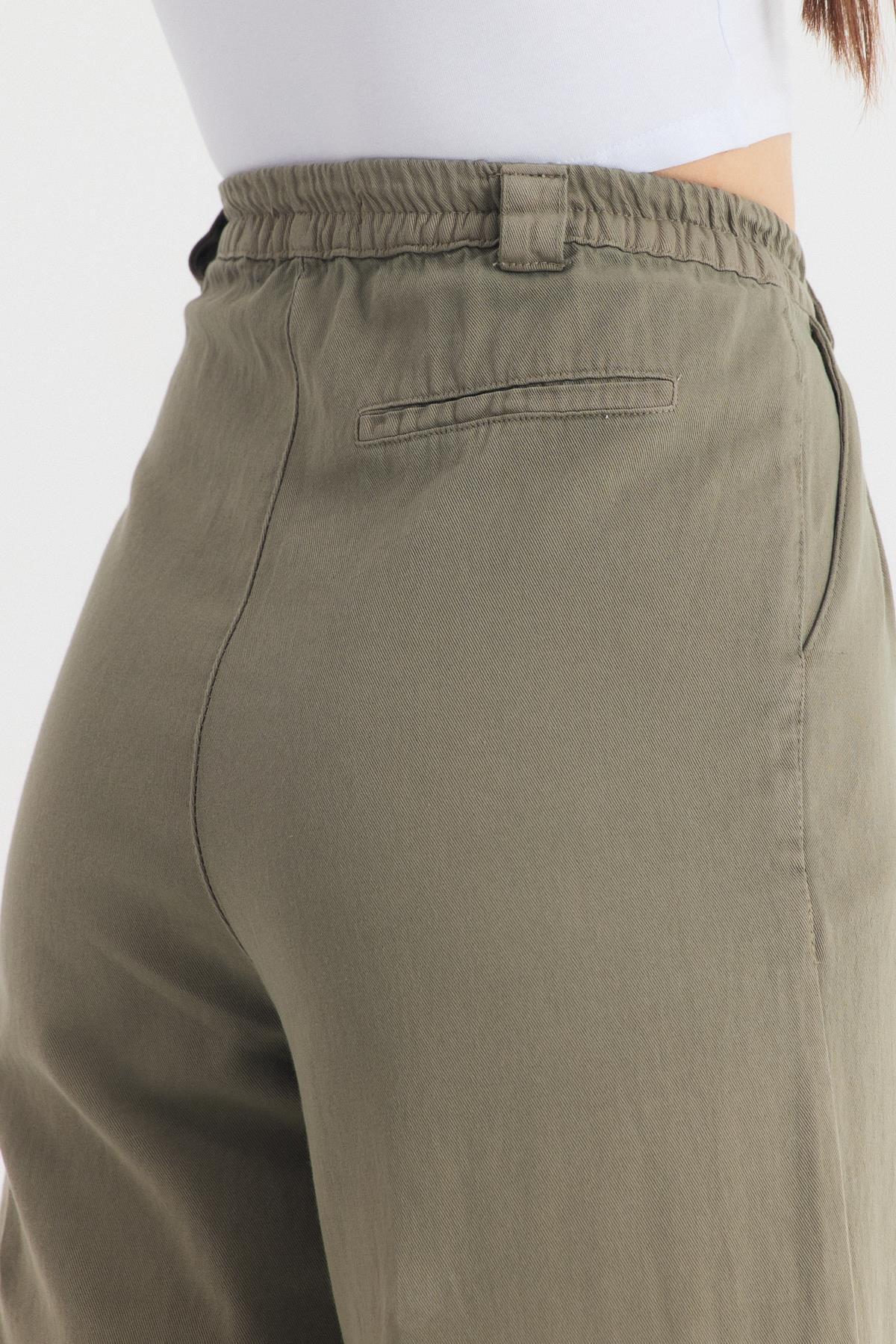 Olive Yeşili Cepli Pileli Geniş Paça Pantolon 7021 - 4