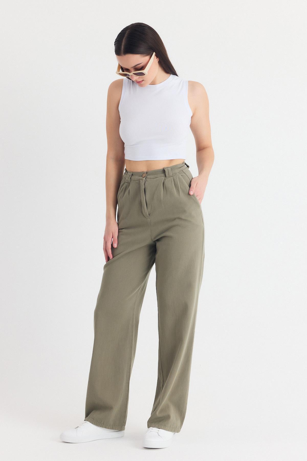 Olive Yeşili Cepli Pileli Geniş Paça Pantolon 7021 - 1