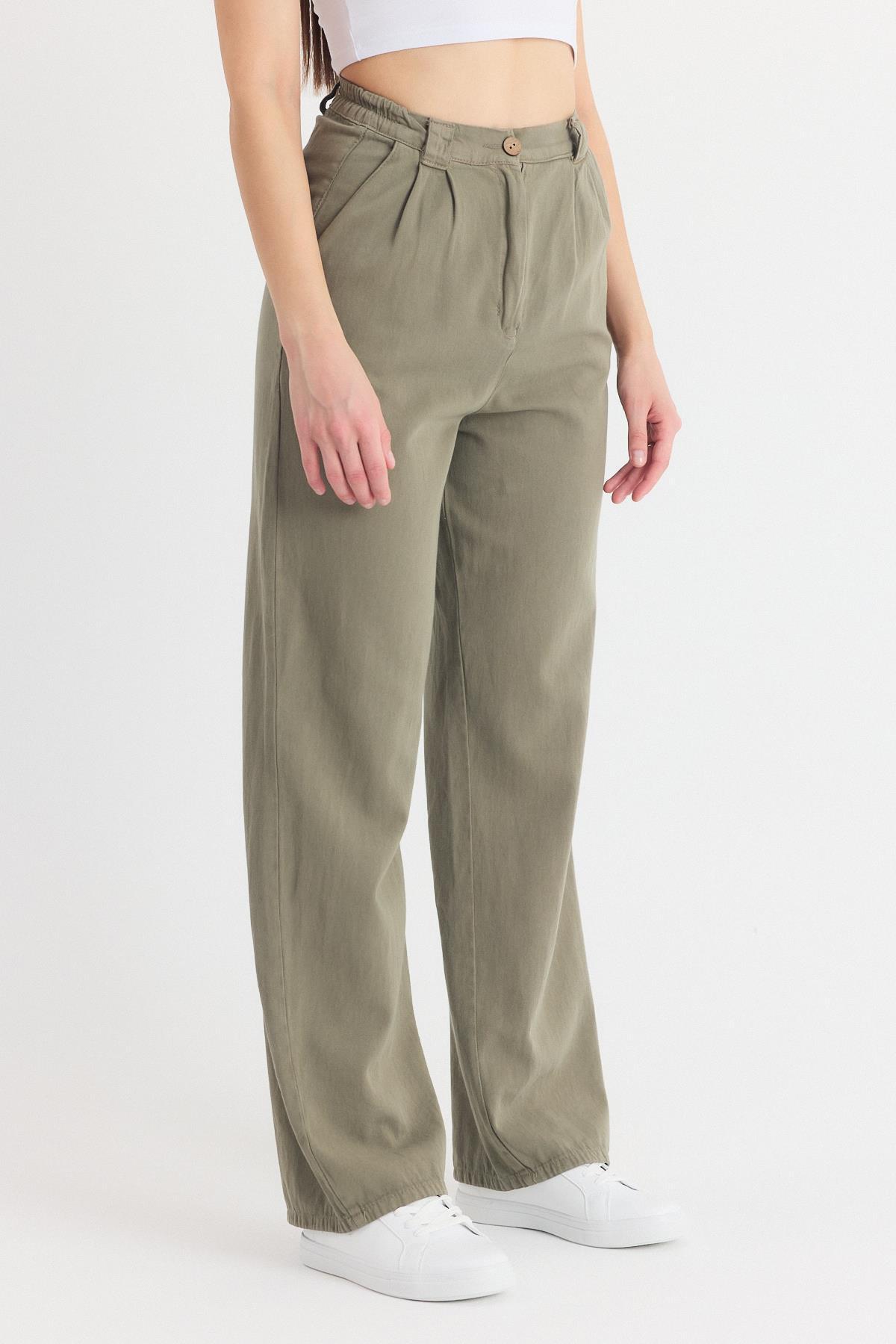 Olive Yeşili Cepli Pileli Geniş Paça Pantolon 7021 - 3