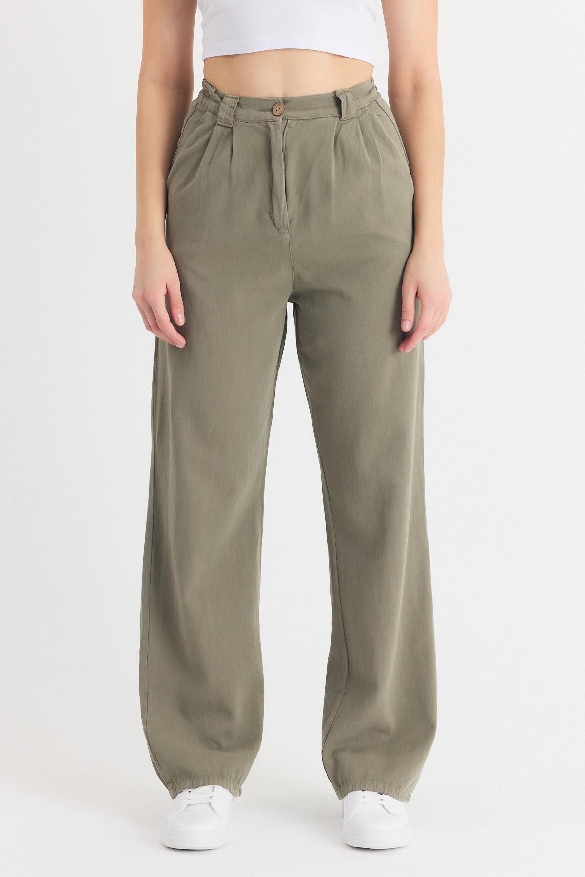 Olive Yeşili Cepli Pileli Geniş Paça Pantolon 7021 - 2