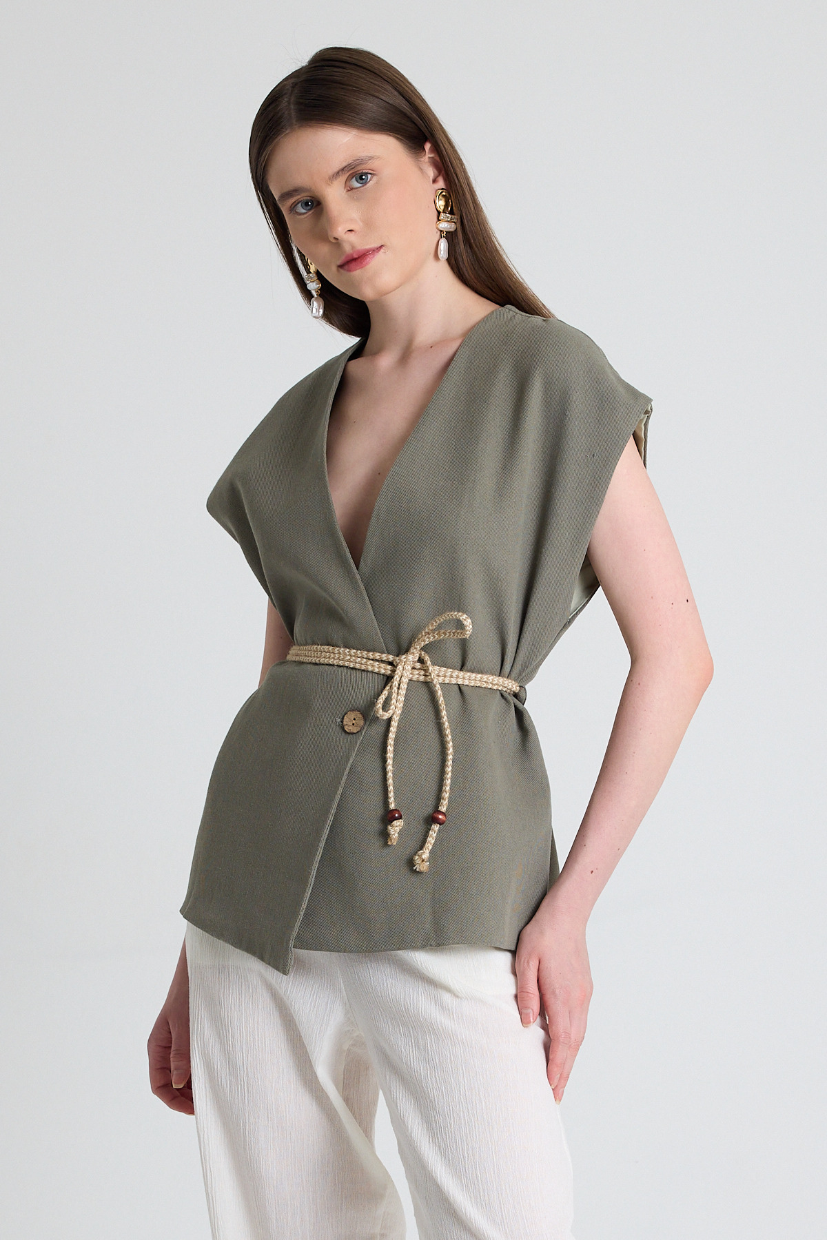 Olive Yeşili Hasır Kemerli V Yaka Kısa Kollu Ceket Yelek 2378 - RAYS