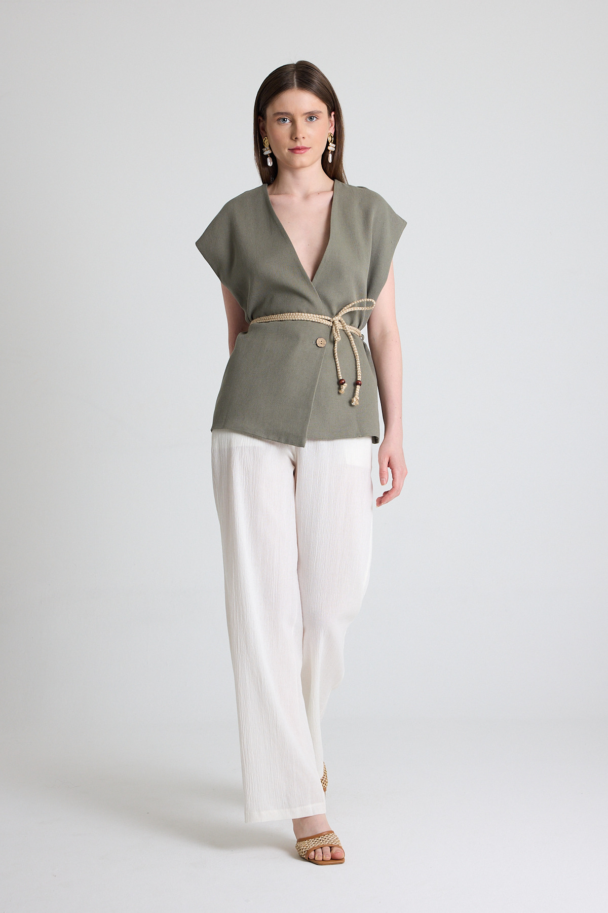 Olive Yeşili Hasır Kemerli V Yaka Kısa Kollu Ceket Yelek 2378 - 3