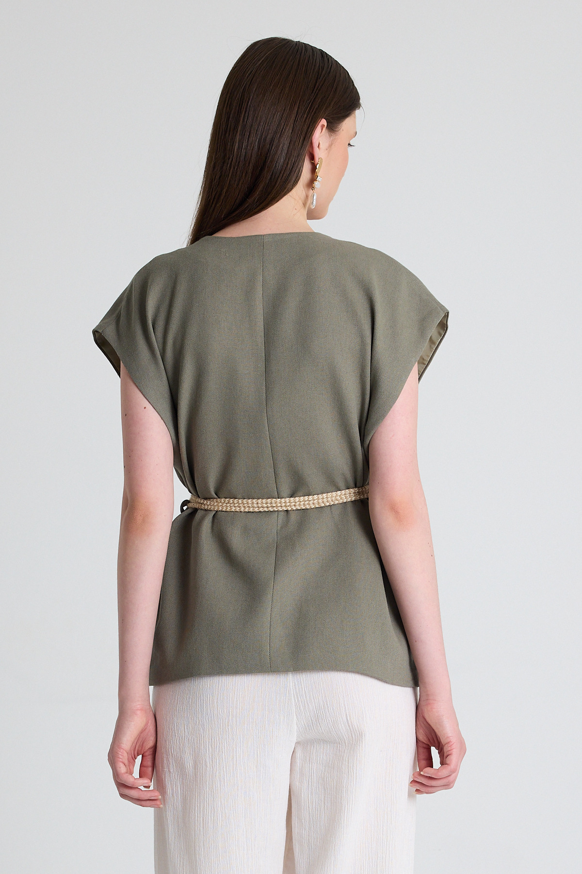 Olive Yeşili Hasır Kemerli V Yaka Kısa Kollu Ceket Yelek 2378 - 5
