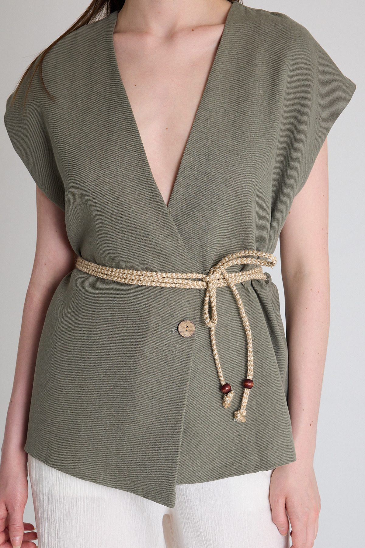 Olive Yeşili Hasır Kemerli V Yaka Kısa Kollu Ceket Yelek 2378 - 4